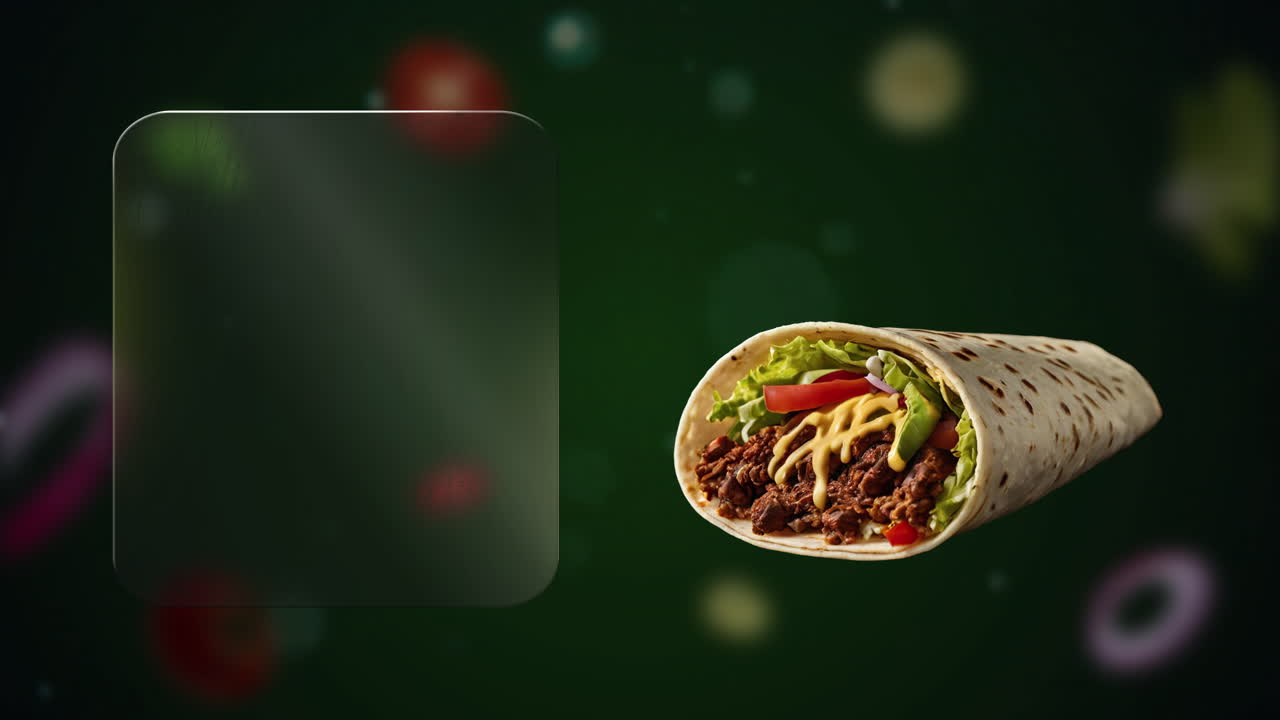 Shawarma doner gyros kebab con lattuga, pomodori e tahini - (sfondo verde) - promuovi il tuo piatto forte con movimento dinamico e una zona chiara per aggiungere offerte o titoli