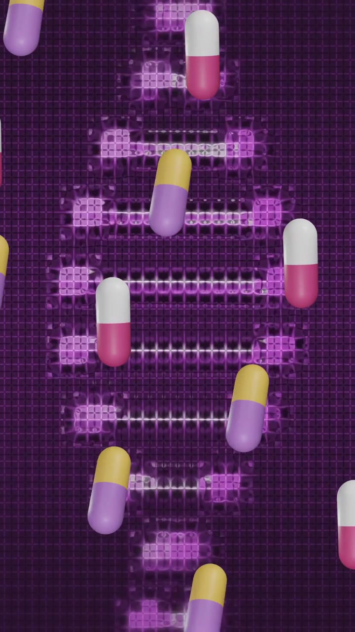 Animation of pills medication over dna strand spinning