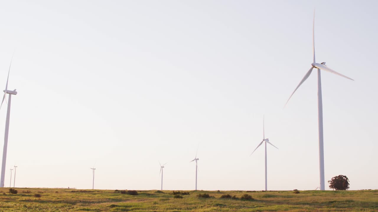 구름 없는 하늘을 가진 시골 풍경에서 풍력 터빈의 일반적인 모습