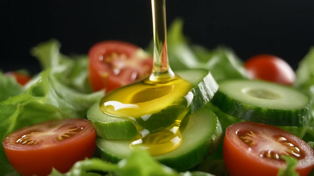 Olio d'oliva versato su insalata fresca di cetrioli e pomodori