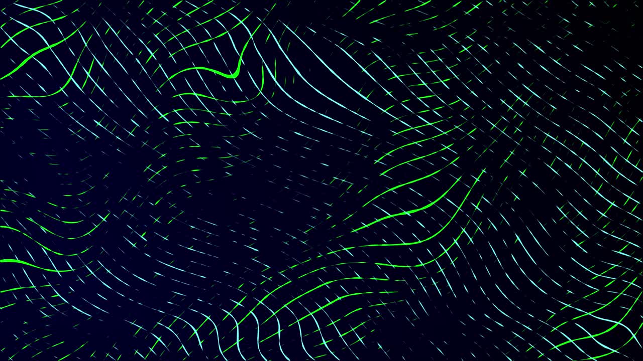 Moving neon swirling lines with wave warp effects patchwork glowing pattern design on a dark gradient background dynamic abstract motion graphics textured overlay colour way blue lime green