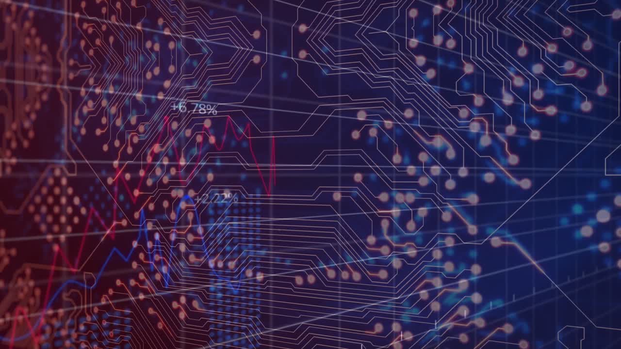 animación del procesamiento de datos financieros en una placa de circuitos informáticos sobre un fondo negro