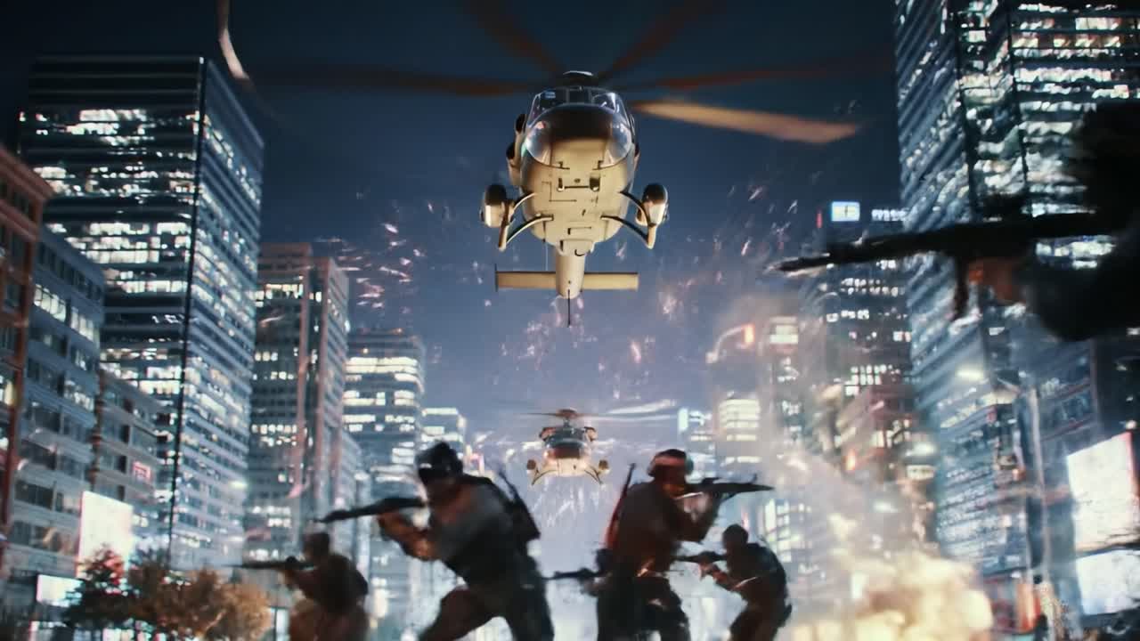In a vibrant city at night, helicopters fly overhead while soldiers engage in a dynamic combat scenario. Bright lights reflect off skyscrapers, creating a dramatic urban backdrop.