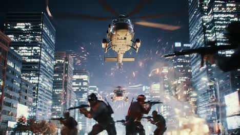 in a vibrant city at night, helicopters fly overhead while soldiers engage in a dynamic combat scenario. bright lights reflect off skyscrapers, creating a dramatic urban backdrop.
