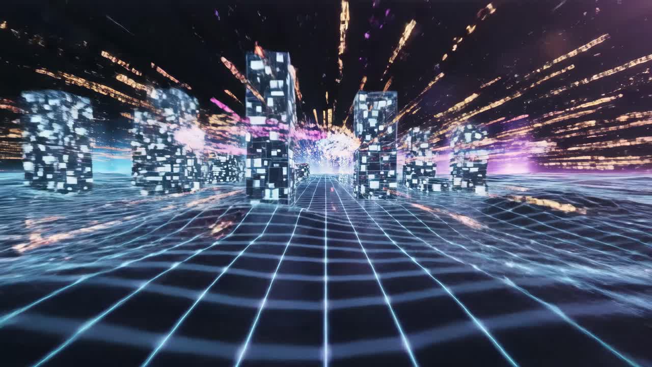 Futuristic Cyberpunk Cityscape with Neon Grid