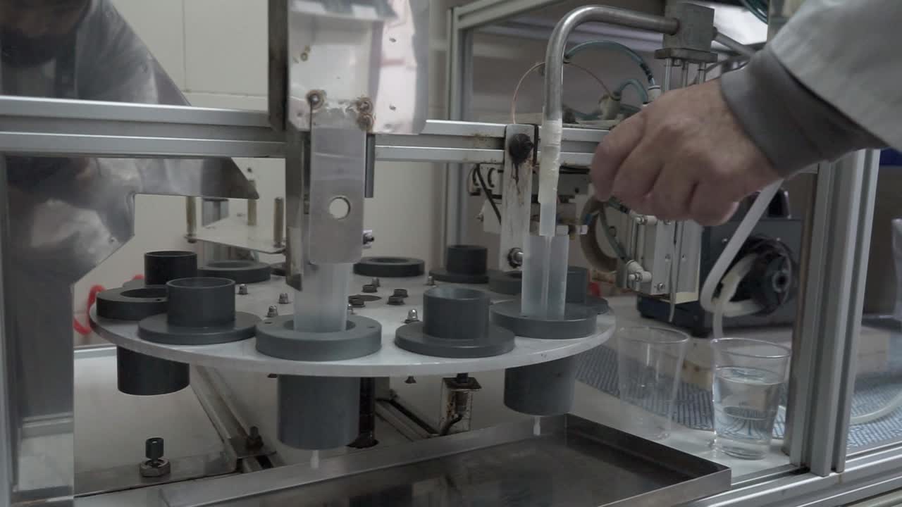 Worker operating processing machine at pig insemination center