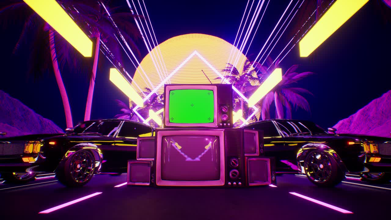 Car, Tv Green Screen And City In Neon Style. 80S Retro Wave Background 3D Animation
