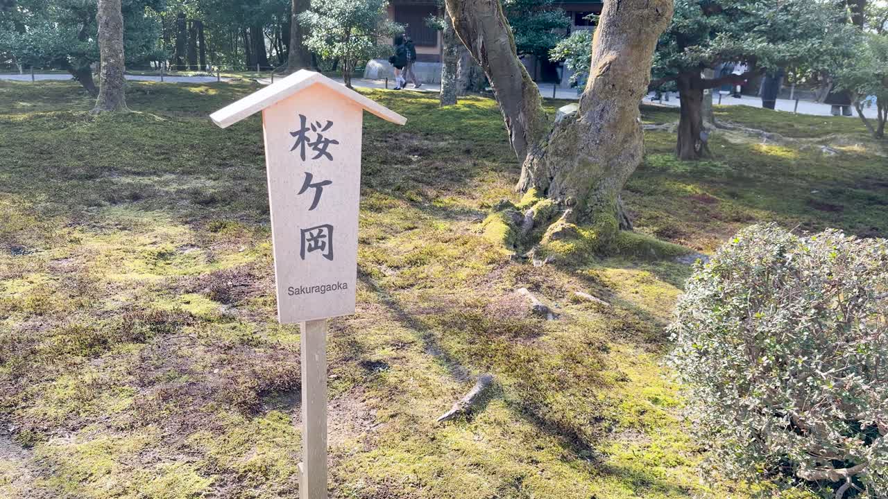 Una lenta panoramica attraverso un tradizionale cartello di legno e terreno muschioso nel Giardino Kenrokuen.