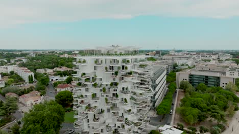 slow pull-out shot revealing the famous arbre blanc apartments with the lez river
