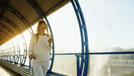 a stylish woman is traveling in the rays of the setting sun goes through a glass tunnel with a bag o