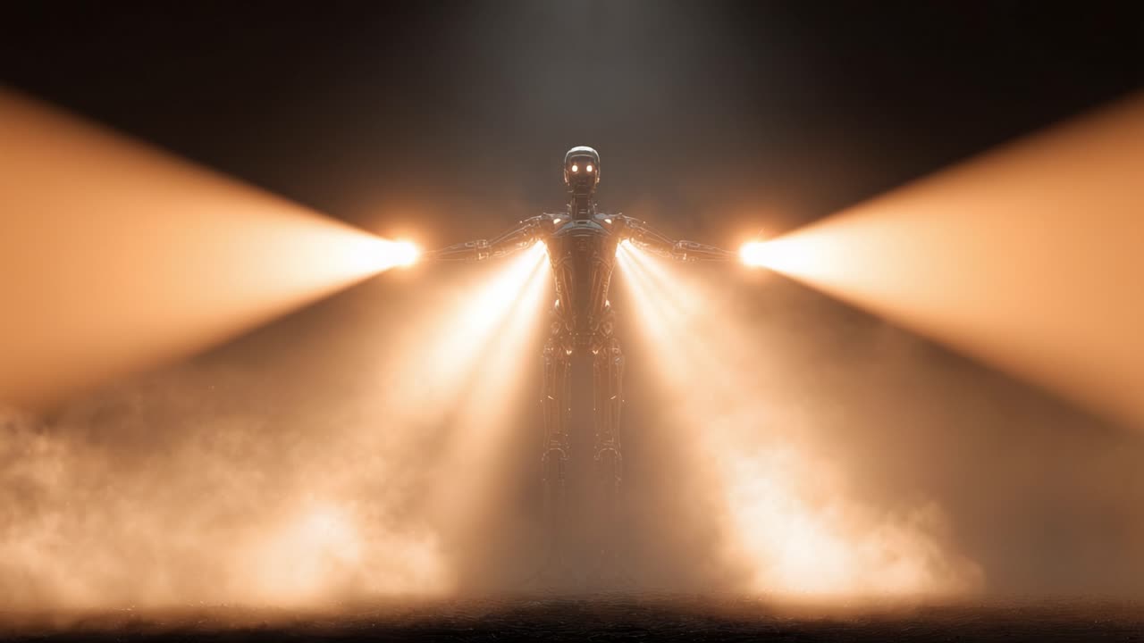Futuristic android levitating with arms outstretched, emitting powerful glowing beams of light from its hands amid smoky, dark atmosphere showcasing advanced AI technology