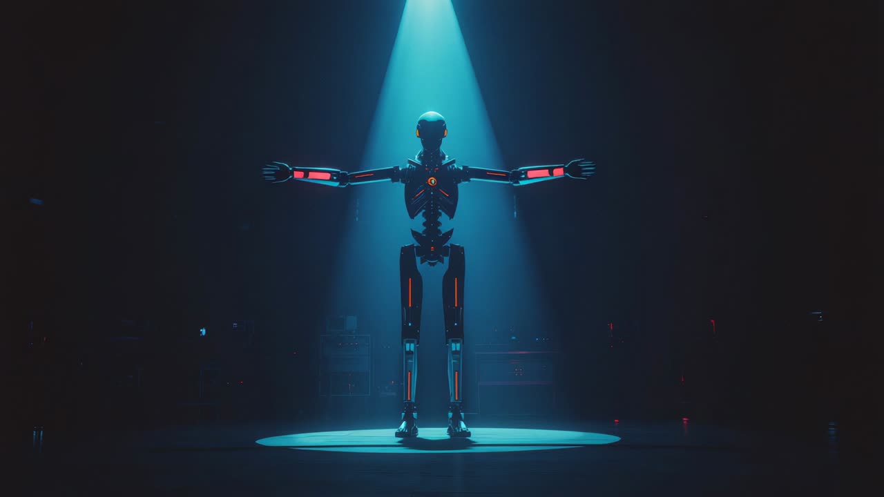 Humanoid robot powering up under pulsing lights in testing chamber holding T pose rotating torso
