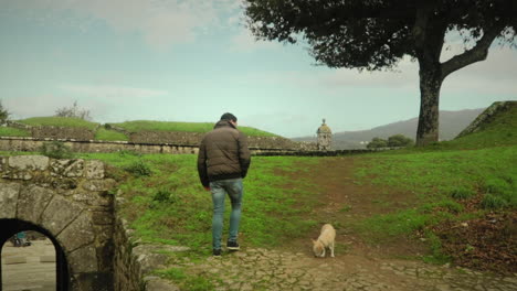 man and a dog walk through ancient castle remains