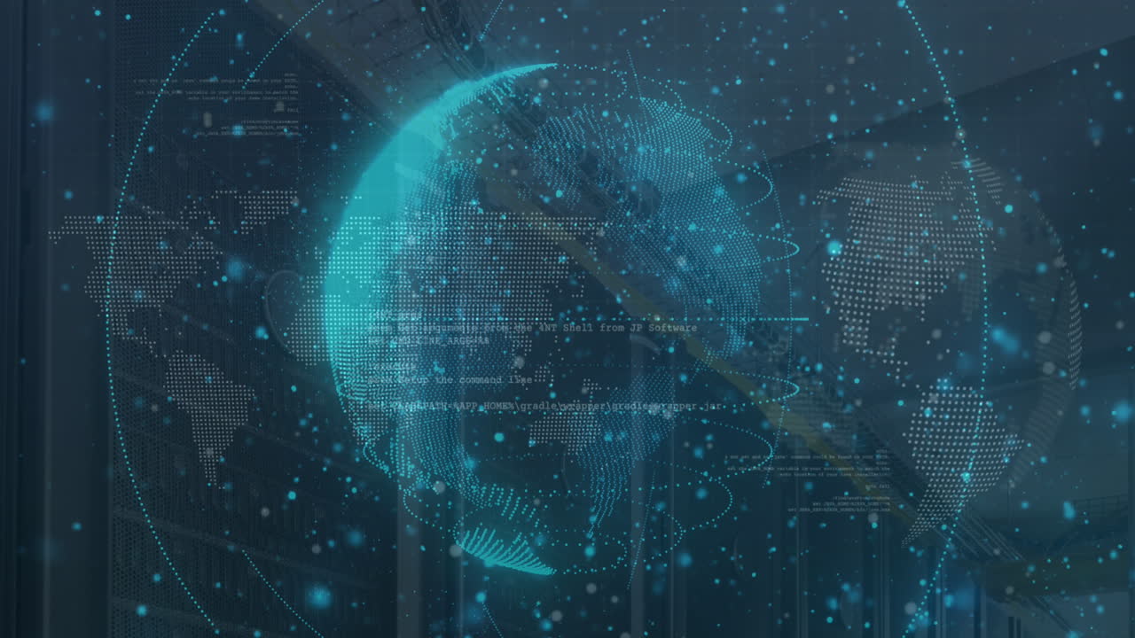 프로그래밍 언어 위에 회전하는 지구를 중심으로 추상적인 패턴의 애니메이션과 지도 위의 점