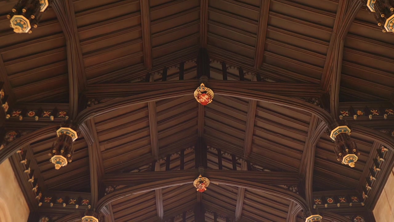 Upward view of ornate wooden vaulted ceiling with decorative crests in historic hall