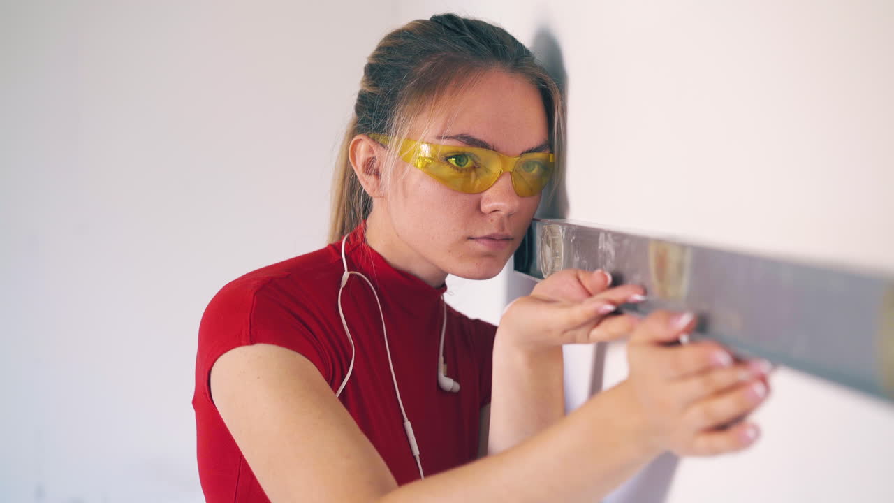 mujer con auriculares verifica el nivel de la pared en una habitación espaciosa