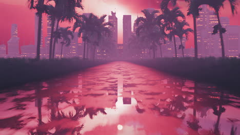 looped animation of a flight along wet asphalt in retro style at sunset