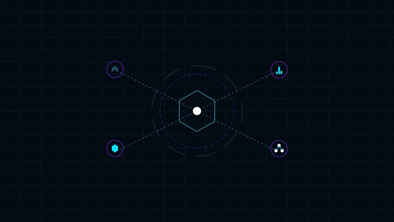 Abstract Digital Interface with Rotating Hexagon and Data Icons