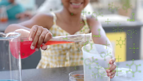 vertiendo líquido rojo en un vaso, el niño realizando un experimento de química, fórmulas químicas sobre