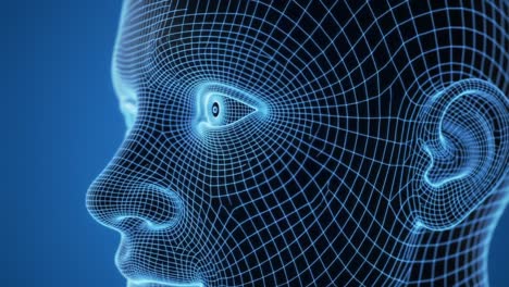 a high-definition 3d wireframe model of a human face with a realistic eye representation against a gradient blue background, showcasing advanced digital technology in art and design