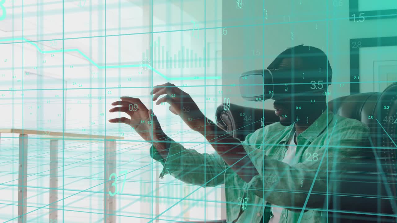 Man wearing VR headset extending hands and manipulating holographic grid, exploring 3D data