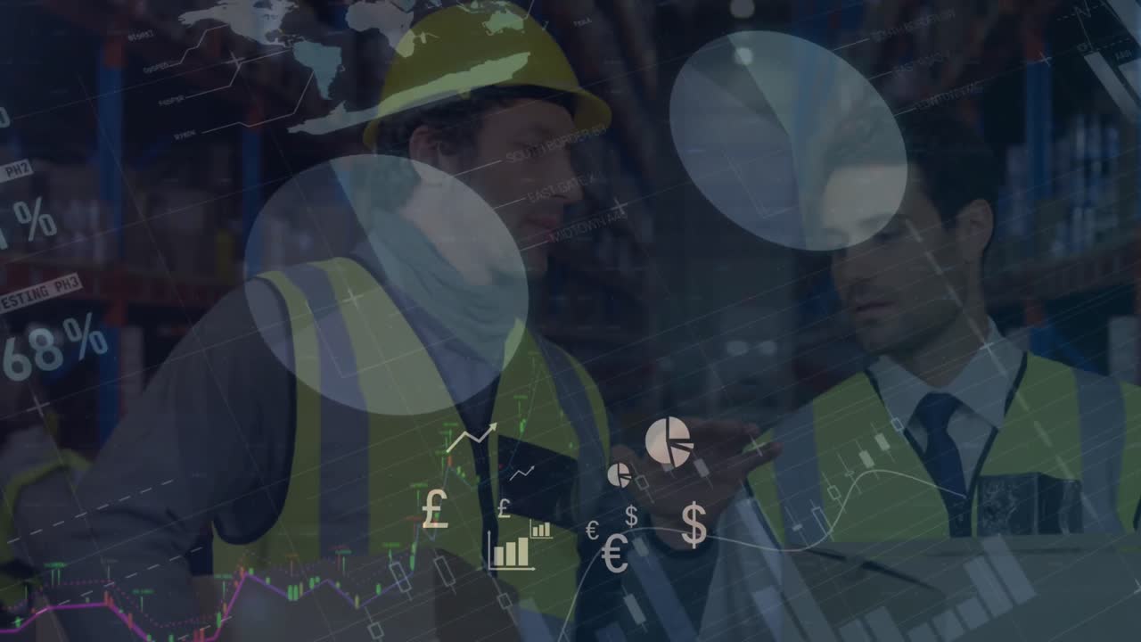Animation of data processing over caucasian workers in warehouse