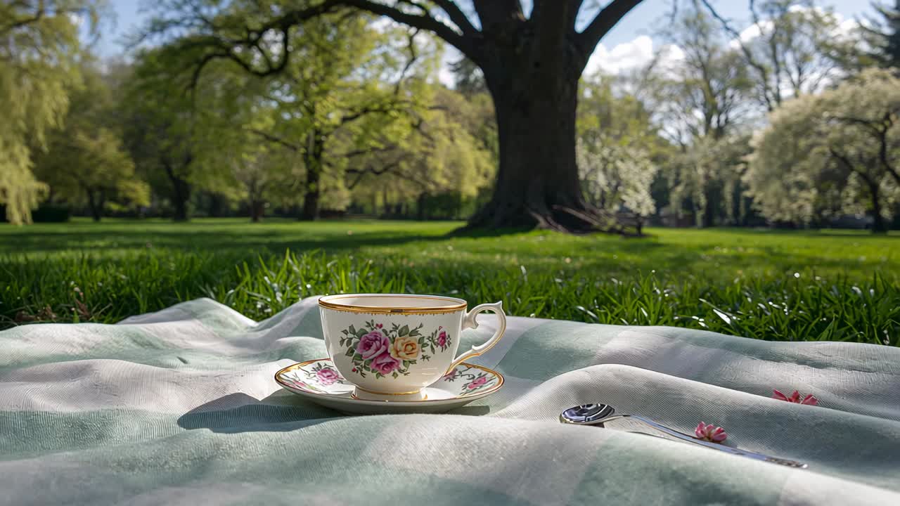 Shifting sunlight and breeze causing floral teacup rocking on picnic cloth in park, with spoon