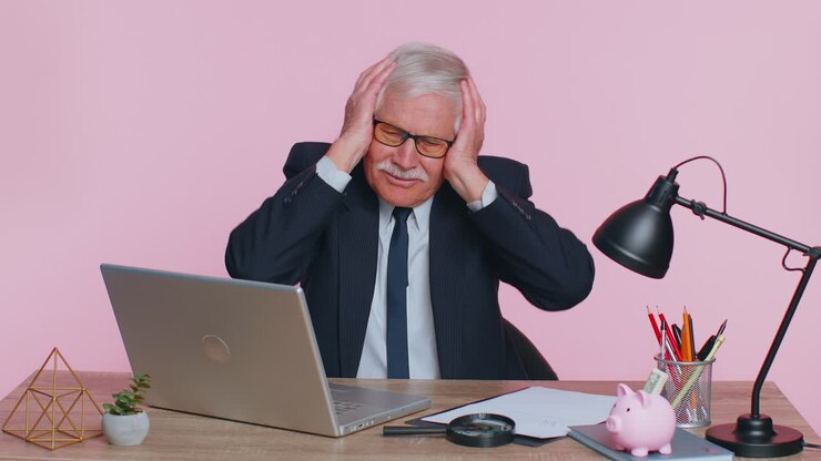 Verärgerter älterer Geschäftsmann macht eine Facepalm-Geste, fühlt sich gelangweilt, ist vom Ergebnis enttäuscht und erhält schlechte Nachrichten.