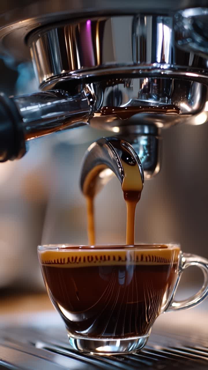 La creazione dell'espresso perfetto: un viaggio ravvicinato dell'estrazione ricca di caffè dalla macchina alla tazza.