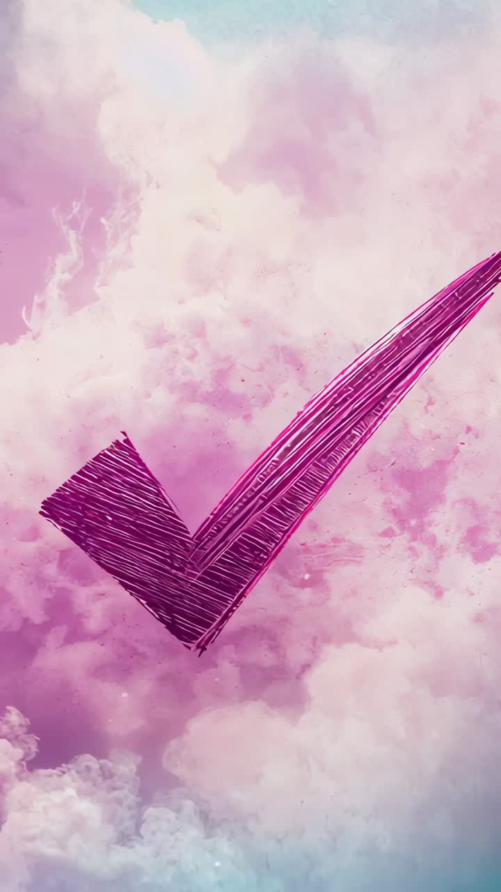 Video verticale: mano che tiene un segno di spunta a tratteggio magenta sopra un cielo color pastello, fotogrammi che cambiano per rivelare il blu