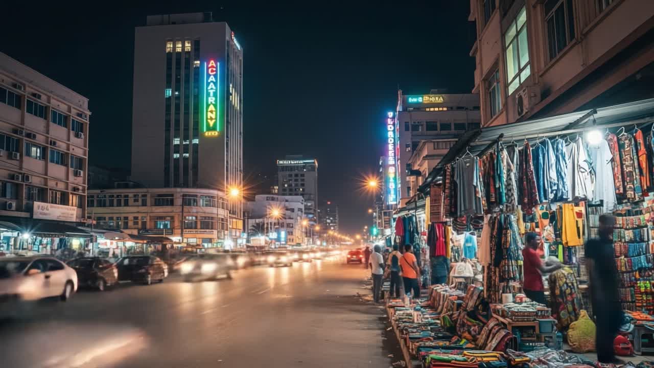 Vibrant Night Scene of a Bustling City Street with a Market