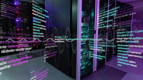 animation of layers of data processing on interface screens over computer server room