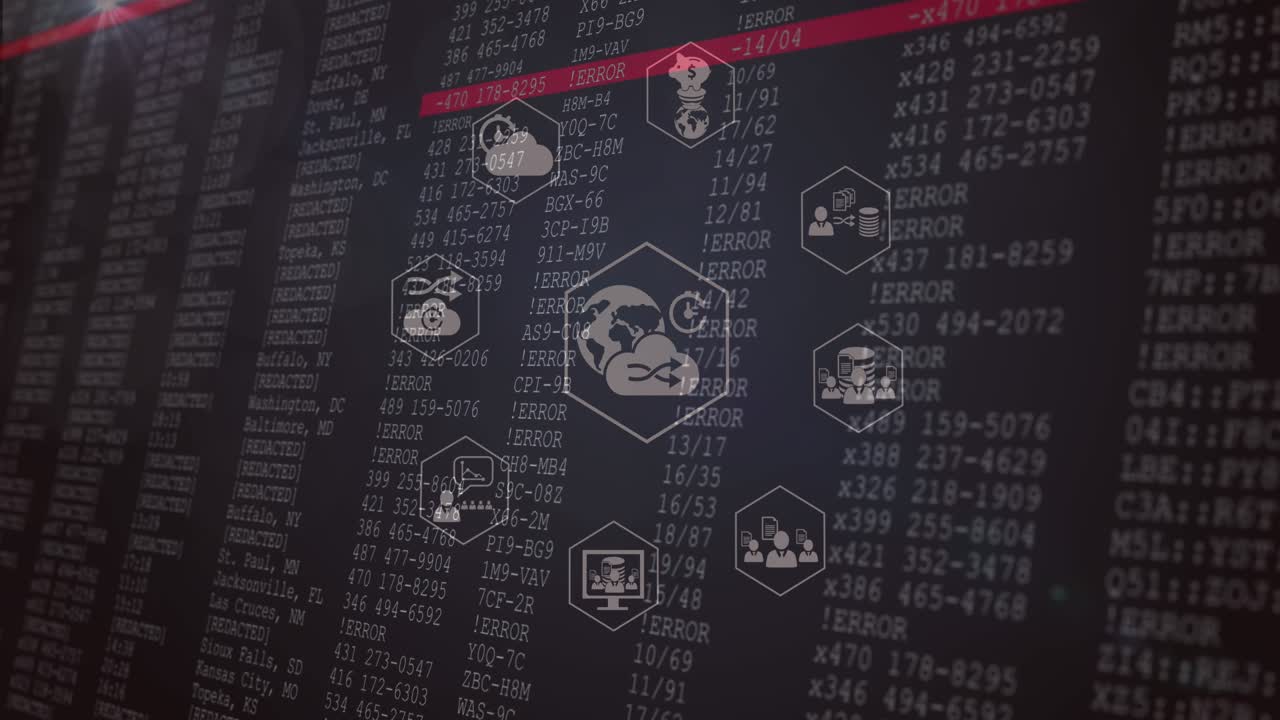 Animation of network of connections with icons over data processing