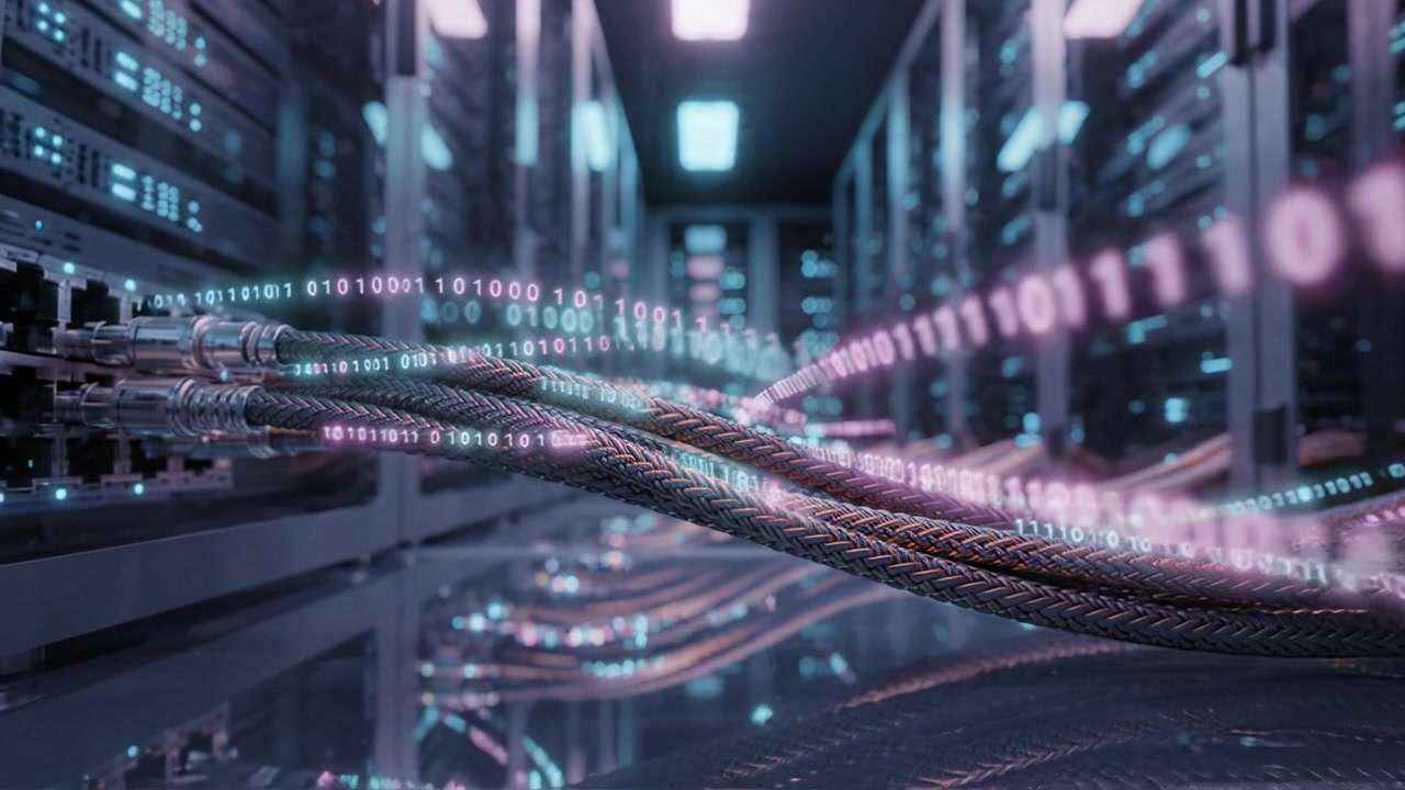 Advanced Data Center with Connected Network Cables Illuminated by LED Lights and High-Tech Servers, Showcasing Modern Data Storage Solutions and Infrastructure.
