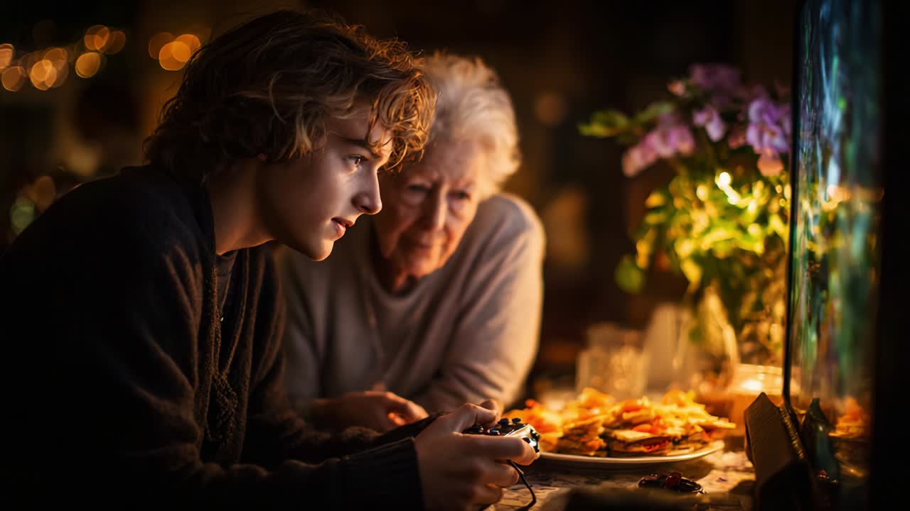 A Heartwarming Evening of Gaming and Connection: A Young Gamer Engaged in a Video Game with His Grandparent, Sharing Joyful Moments, Laughter, and Delicious Snacks in a Cozy Atmosphere Surrounded by Warm Lights