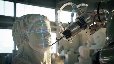 an advanced robotic machine engaging in precision sculpting of a detailed human face using sophisticated technology for artistic creation