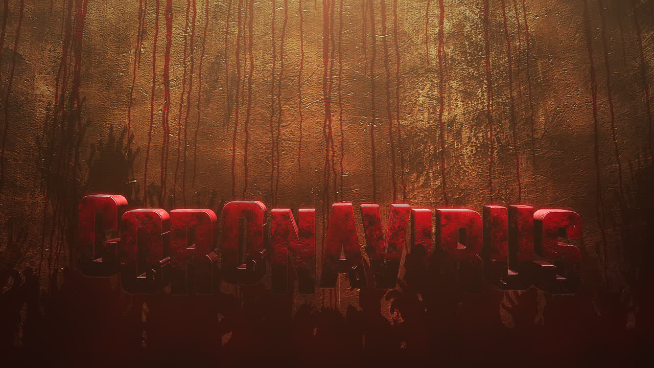 texto de primer plano animado coronavirus y fondo de horror místico con sangre oscura y manos de ayuda