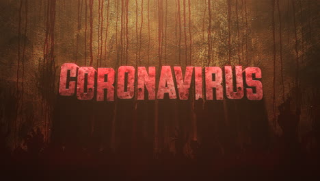 animated closeup text coronavirus and mystical horror background with dark blood and help hands