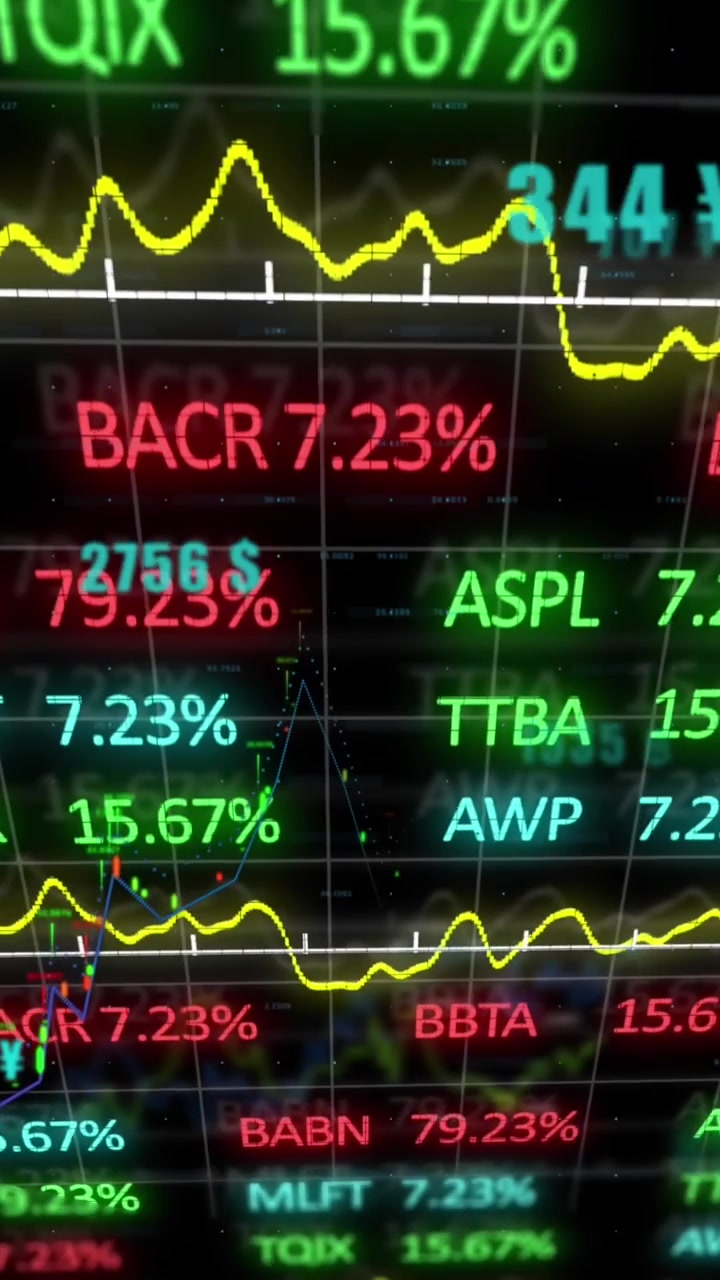 Animazione di elaborazione di dati finanziari e statistiche su sfondo nero