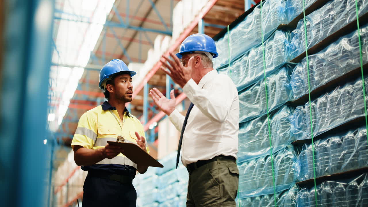 Two Men in Hard Hats Discussing Inventory in a Warehouse