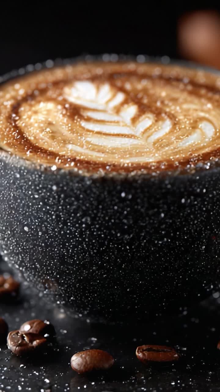 Nærbillede af smukt udført latte art i en mørk, spættet kaffekop omgivet af kaffebønner, der viser den rige tekstur og cremede skumdesign