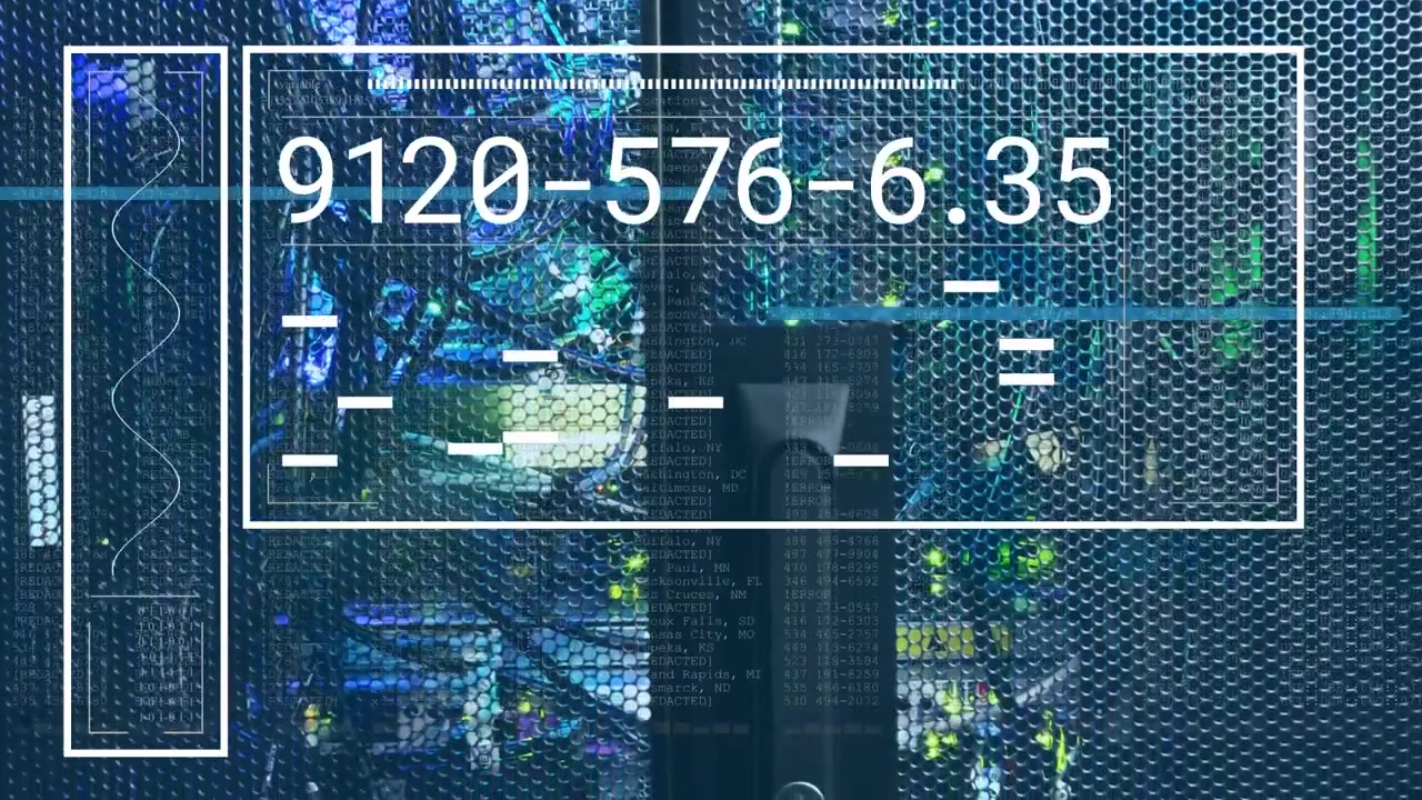 Sovrapposizione di elaborazione dati digitale su sfondo di rack server