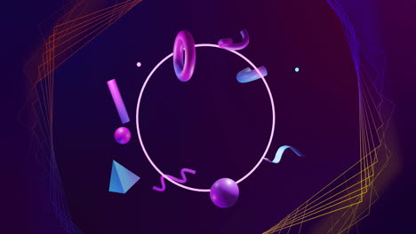 animation of network structure and 3d blue and purple shapes rotating over ring on dark background