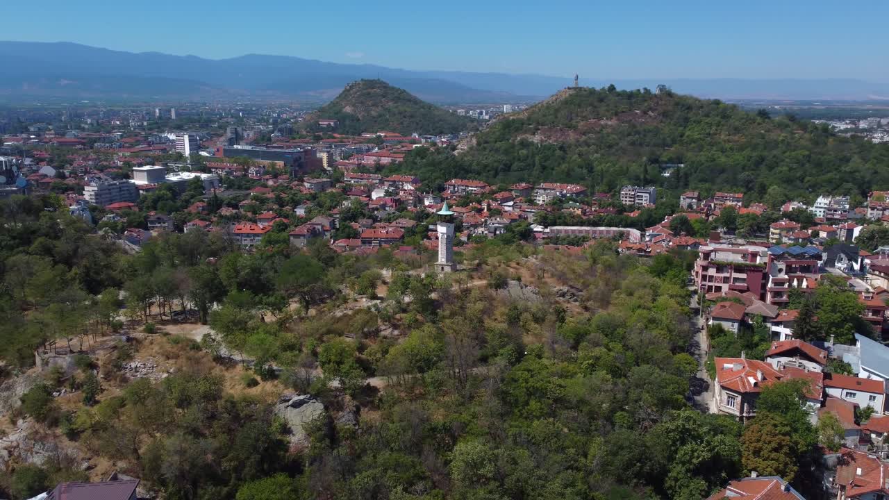 Drone view overlooking Plovdiv Clock Tower on Sahat Hill in Plovdiv, Bulgaria