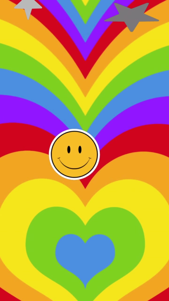 Animazione di orgoglio LGBTQ+, faccine sorridenti e stelle che cadono su uno sfondo a cuore arcobaleno.
