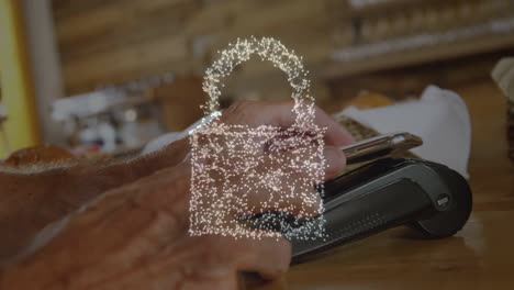 animation of network security padlock over people using payment terminal
