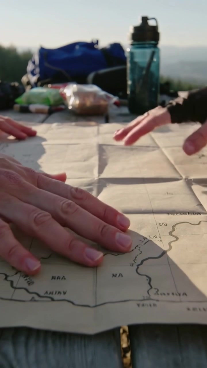 Vertical video: Left hand reaching, left and gloved hands smoothing map on trail table, planning