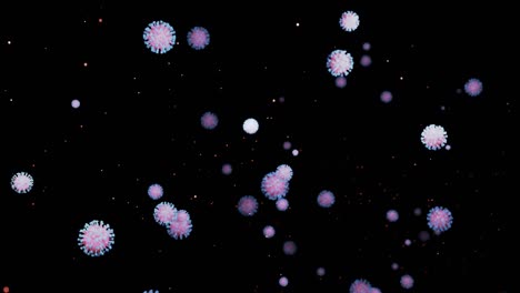 코로나19 (h1n1, 조류 독감 또는 돼지 독감) 와 같은 코로나바이러스 유형의 근접 촬영은 미생물학적 현미경 루프 배경으로 바이러스의 액체 3d 표현에서 부드럽게 움직입니다.