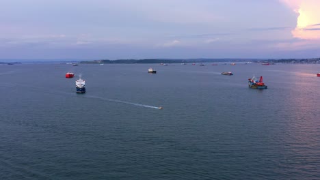 vessel oil tankers at the sea, port of balikpapan in kalimantan, indonesia - drone shot