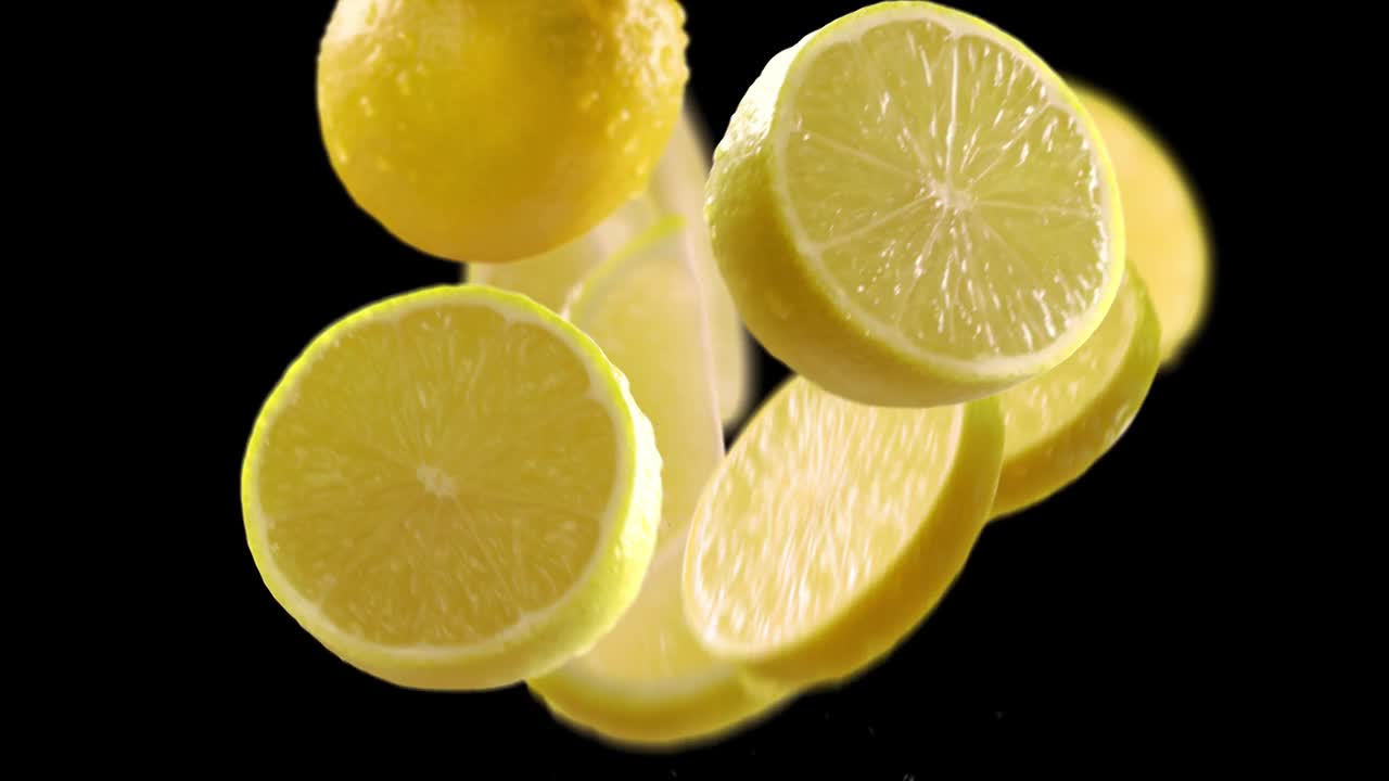 Limone e fette volanti su sfondo nero